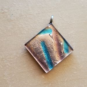 Square Rhombus Blue & Gold Glass Necklace Charm Pendant